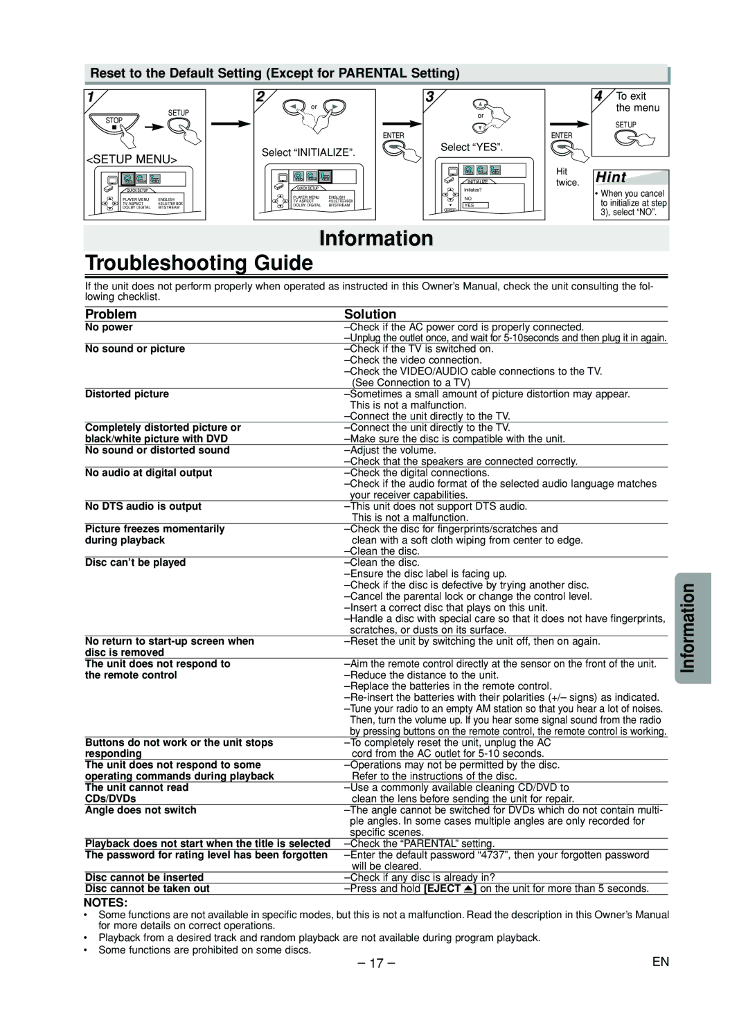 Sylvania DVL505 owner manual Information Troubleshooting Guide, Reset to the Default Setting Except for Parental Setting 