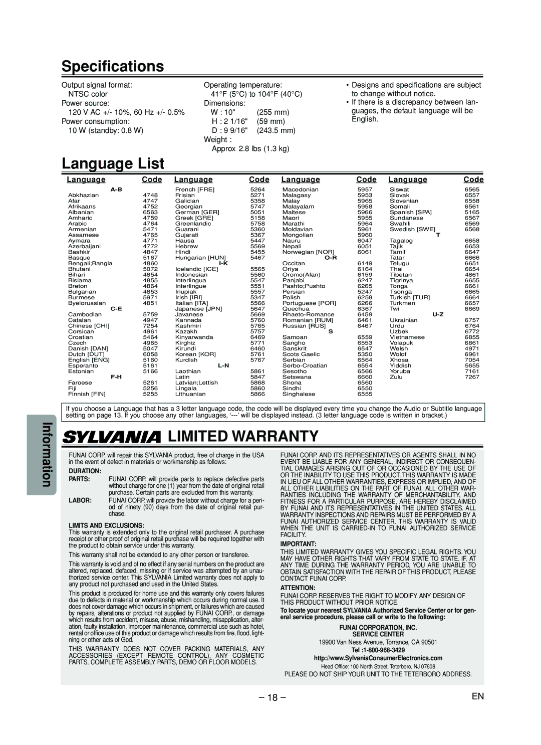 Sylvania DVL505 owner manual Specifications, Language List, Language Code 