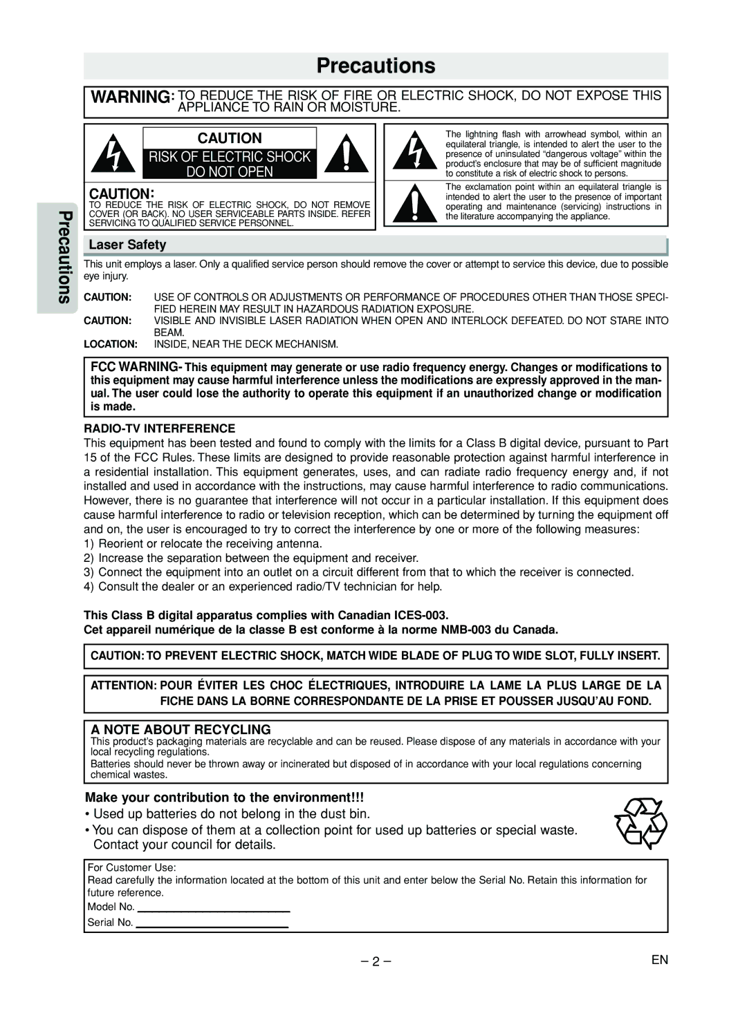 Sylvania DVL505 owner manual Precautions, Laser Safety, Make your contribution to the environment 