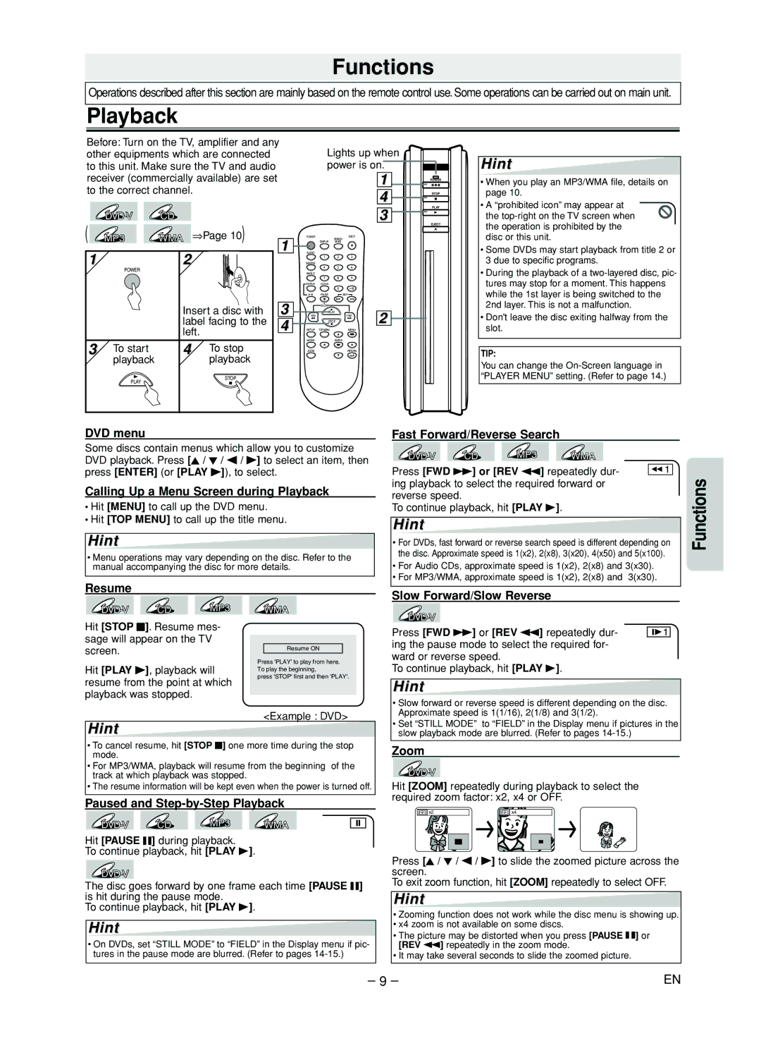 Sylvania DVL505 owner manual Functions, Playback 