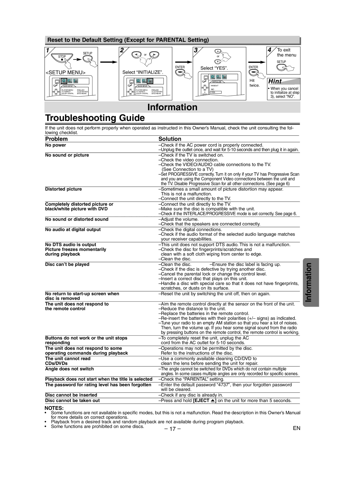 Sylvania DVL515 owner manual Information, Troubleshooting Guide, Reset to the Default Setting Except for Parental Setting 