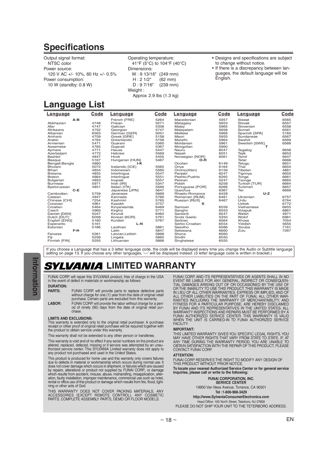 Sylvania DVL515 owner manual Specifications, Language List, Language Code 