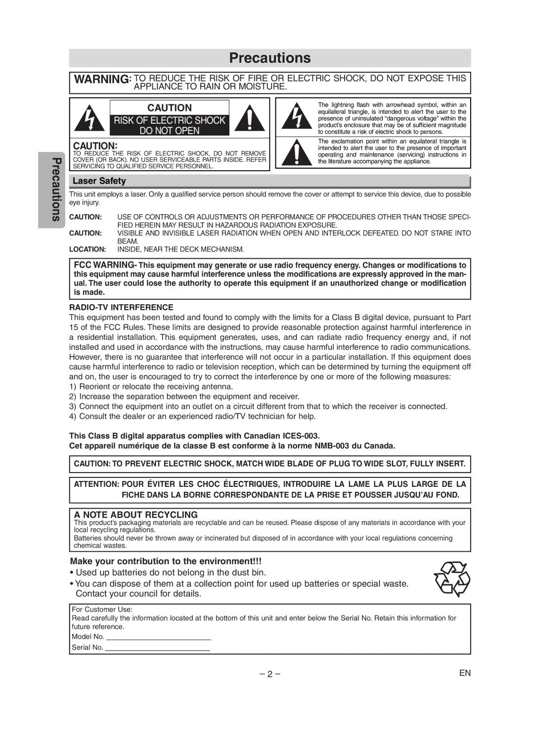 Sylvania DVL515 owner manual Precautions, Laser Safety, Make your contribution to the environment 