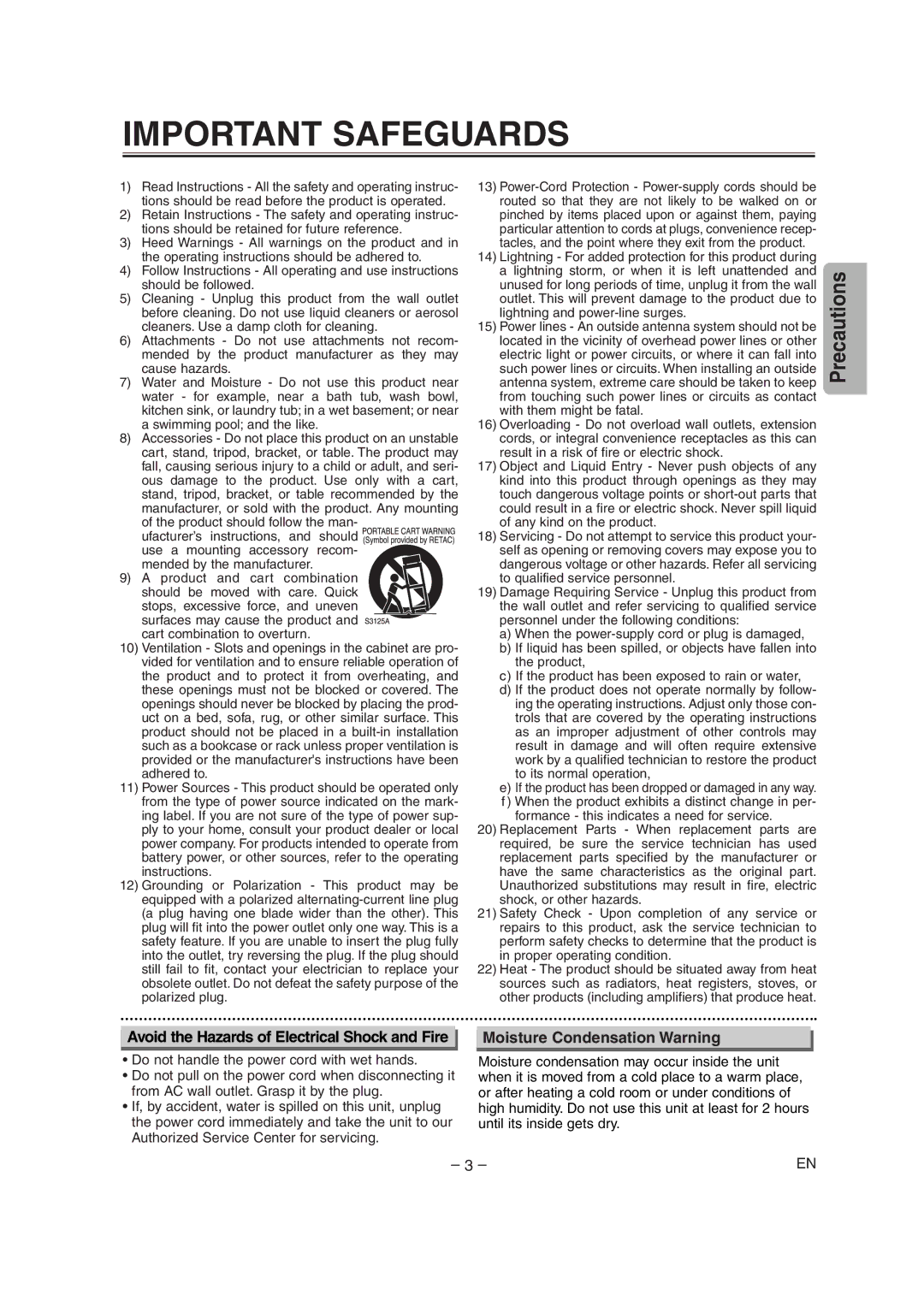 Sylvania DVL515 owner manual Avoid the Hazards of Electrical Shock and Fire, Moisture Condensation Warning 