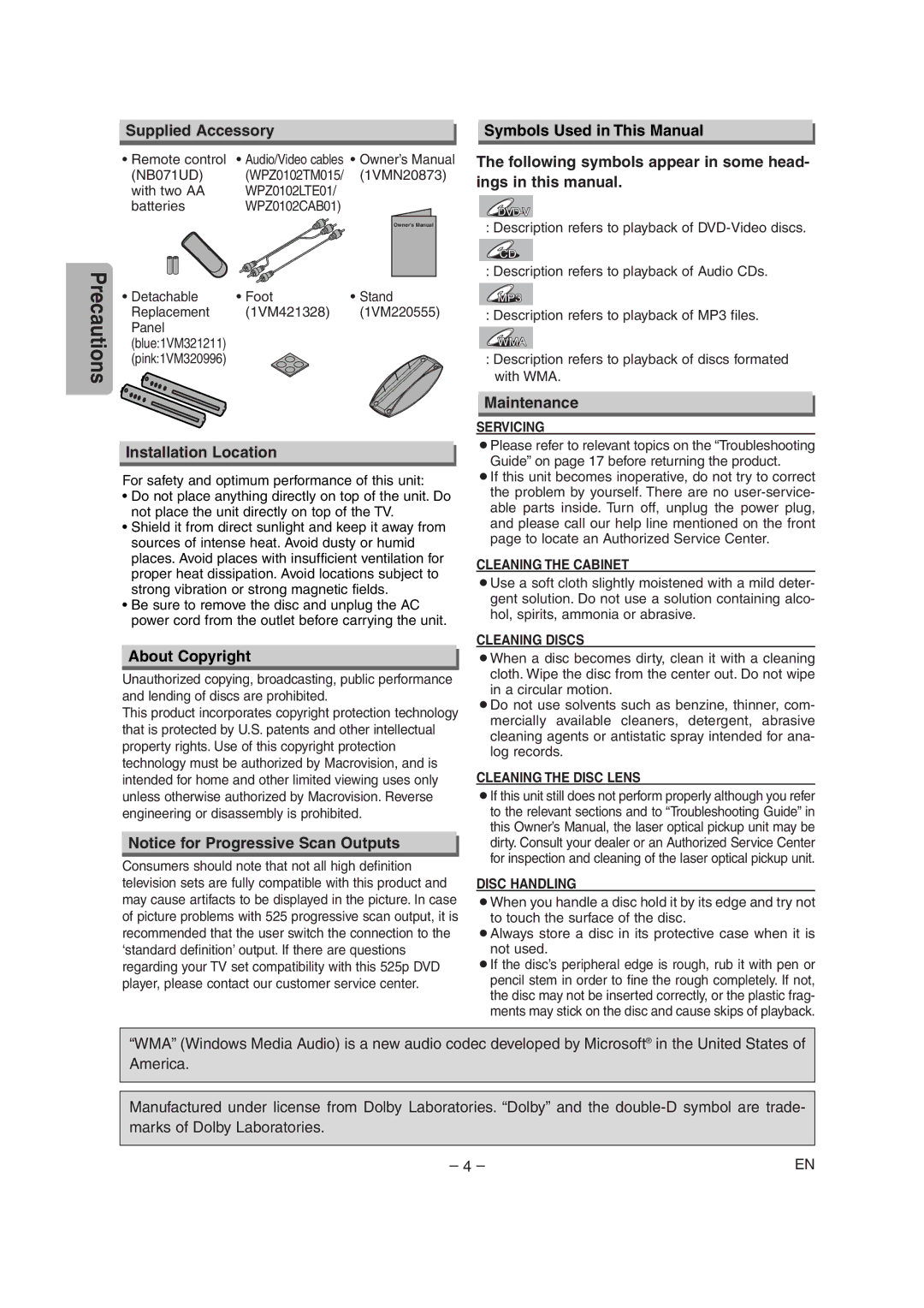 Sylvania DVL515 Supplied Accessory Symbols Used in This Manual, Following symbols appear in some head- ings in this manual 