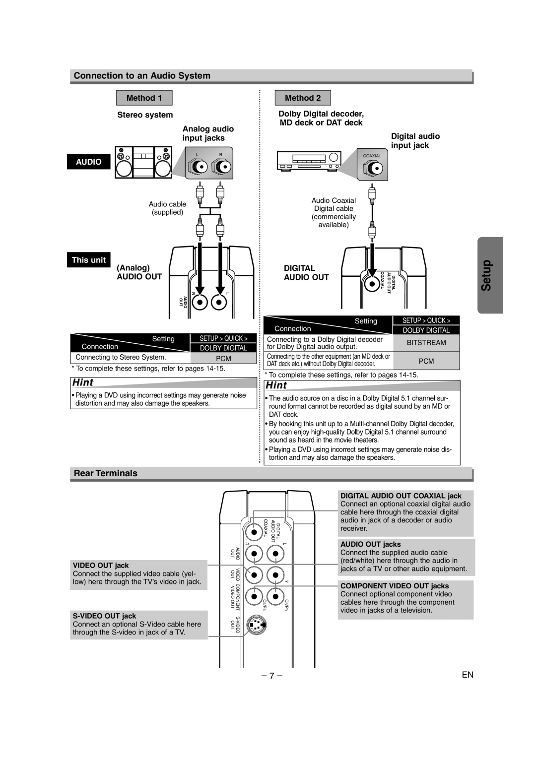 Sylvania DVL515 owner manual Connection to an Audio System, Rear Terminals, Video OUT jack 