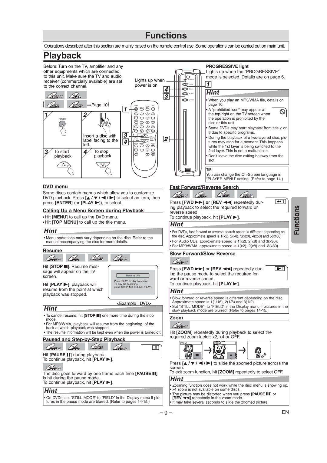 Sylvania DVL515 owner manual Functions, Playback, Progressive light, Press FWD g or REV h repeatedly dur 