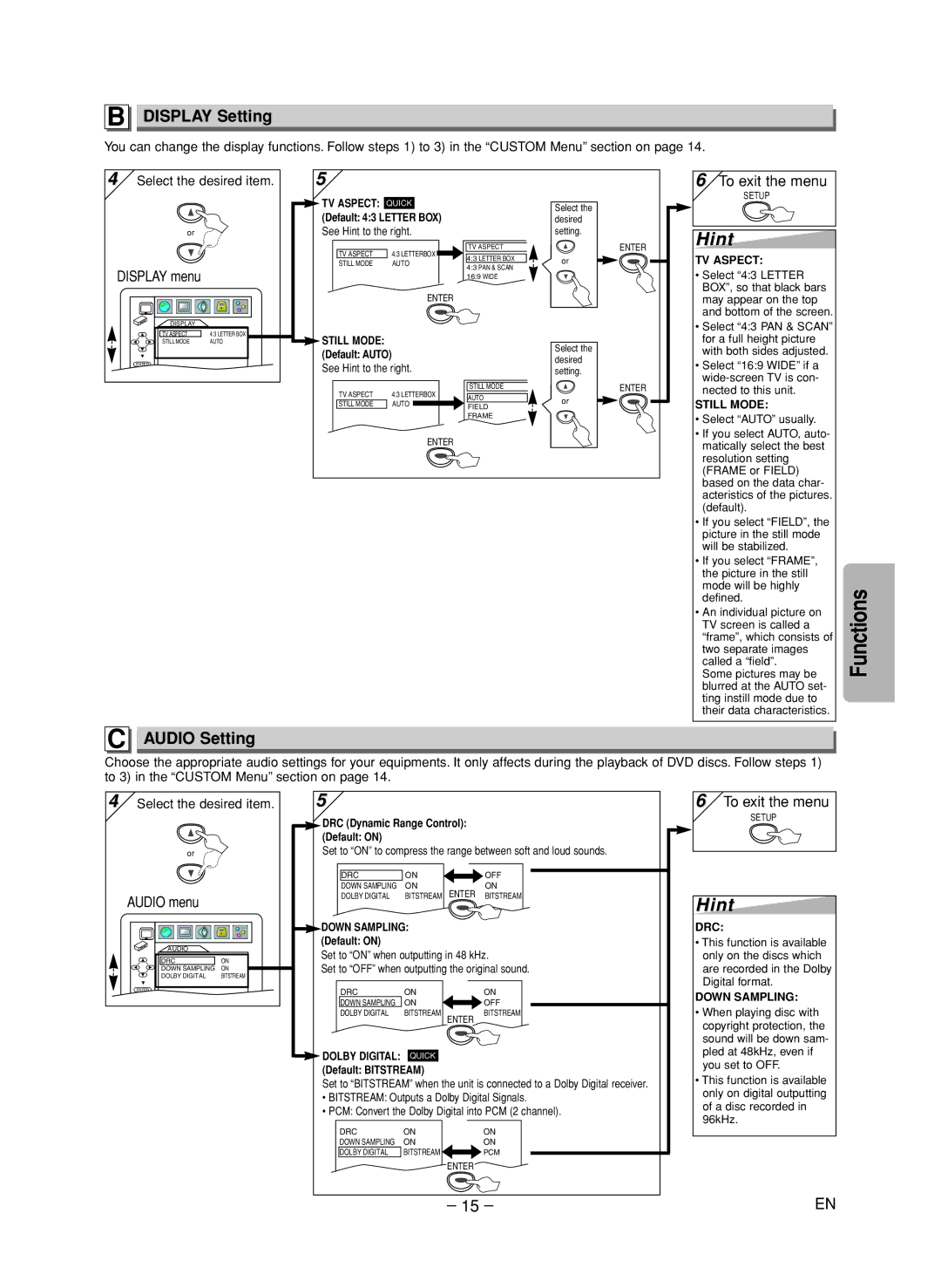 Sylvania DVL515SK owner manual Display Setting, Audio Setting, Audio menu 