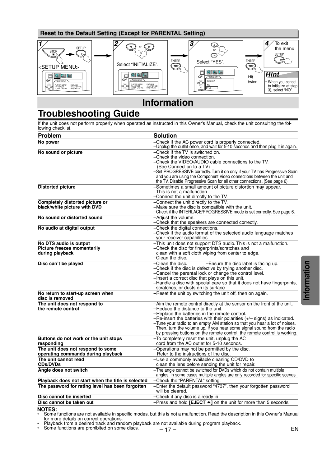 Sylvania DVL515SK owner manual Information Troubleshooting Guide, Reset to the Default Setting Except for Parental Setting 