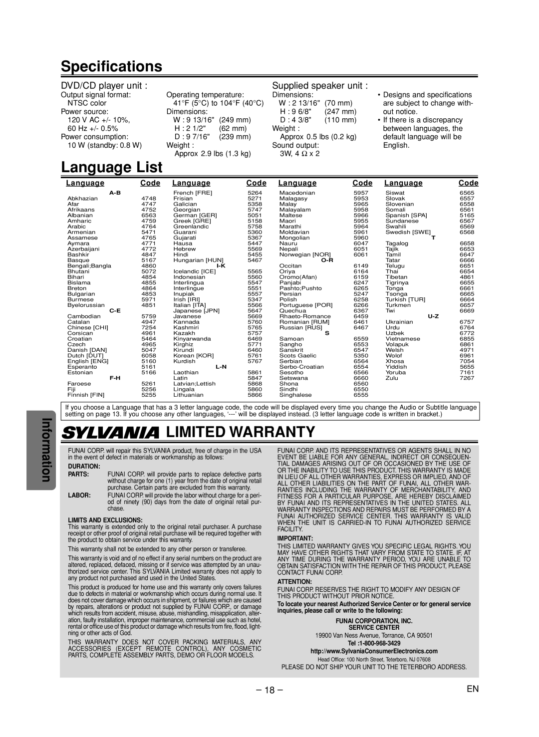 Sylvania DVL515SK owner manual Specifications, Language List, Language Code 