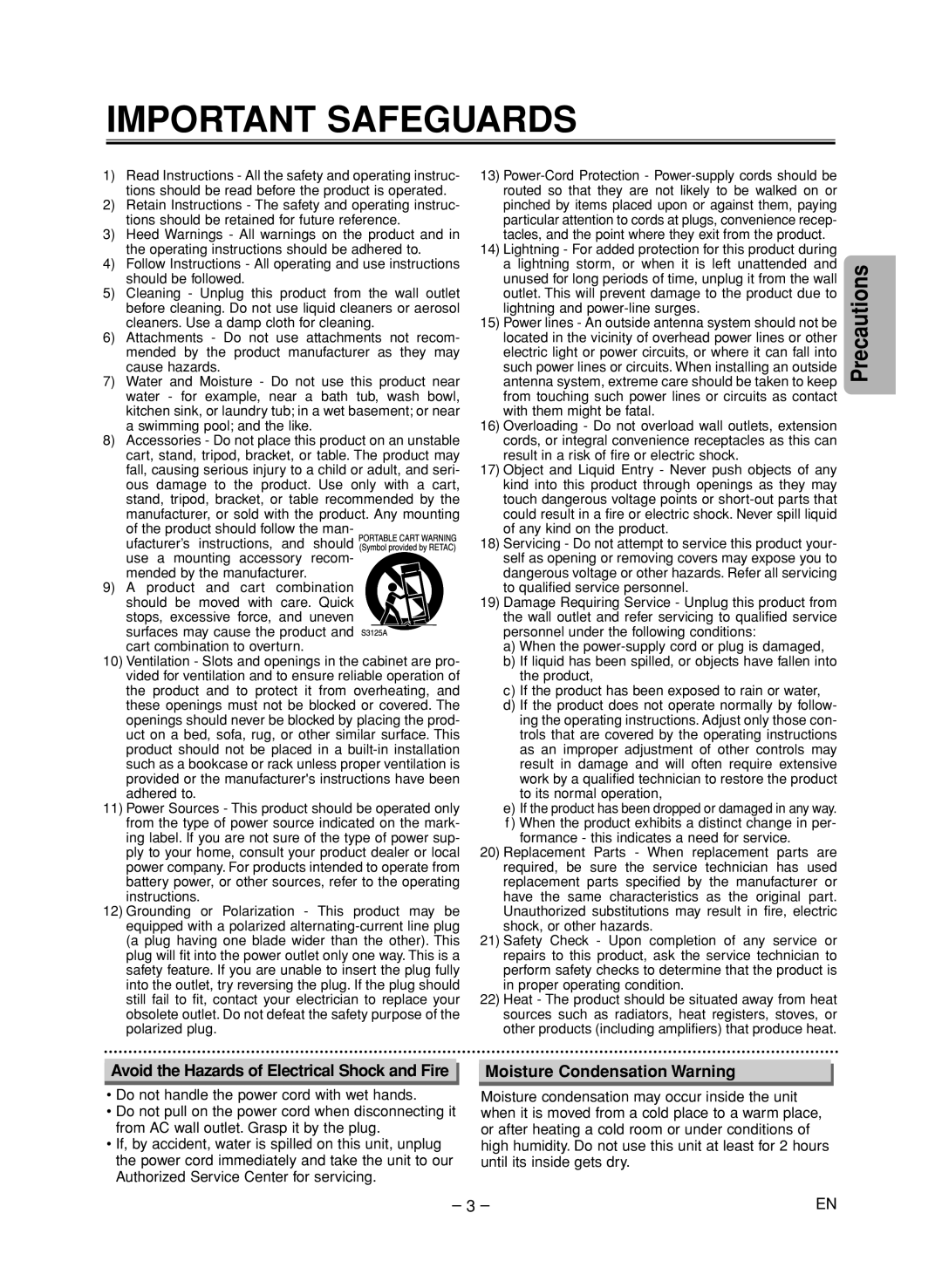 Sylvania DVL515SK owner manual Avoid the Hazards of Electrical Shock and Fire, Moisture Condensation Warning 