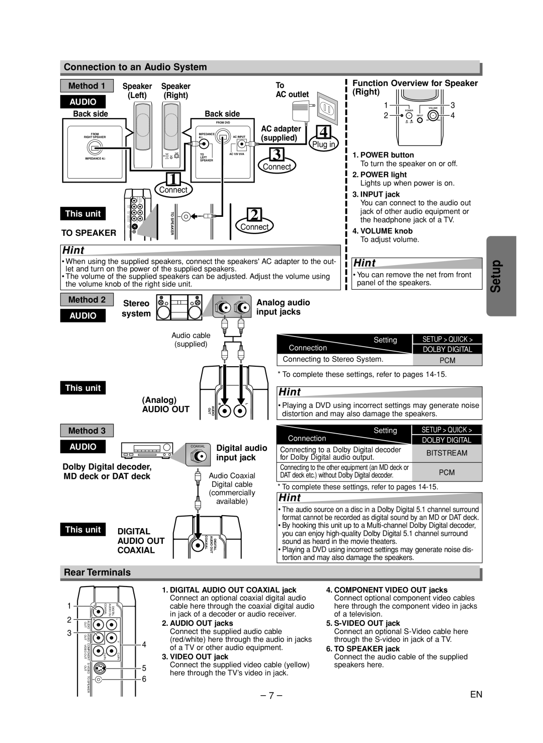 Sylvania DVL515SK owner manual Connection to an Audio System, Rear Terminals 