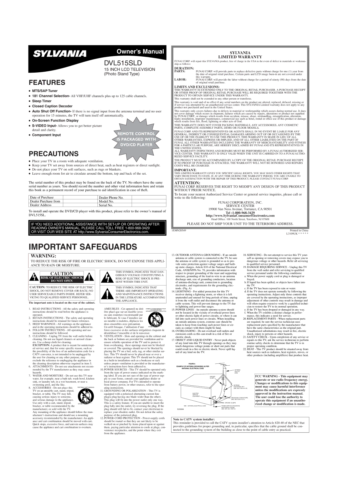 Sylvania DVL515SLD owner manual Features, Precautions, Sylvania Limited Warranty 