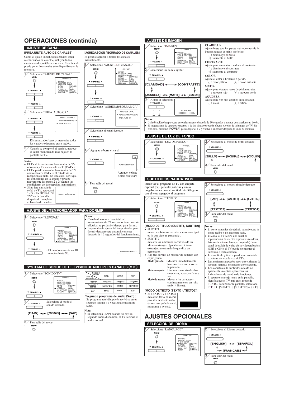 Sylvania DVL515SLD owner manual Operaciones continúa, Ajustes Opcionales 