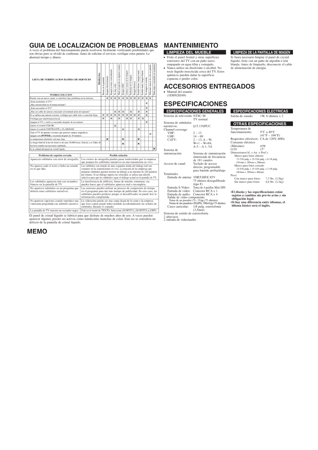 Sylvania DVL515SLD owner manual Guia DE Localizacion DE Problemas, Mantenimiento, Memo Especificaciones 