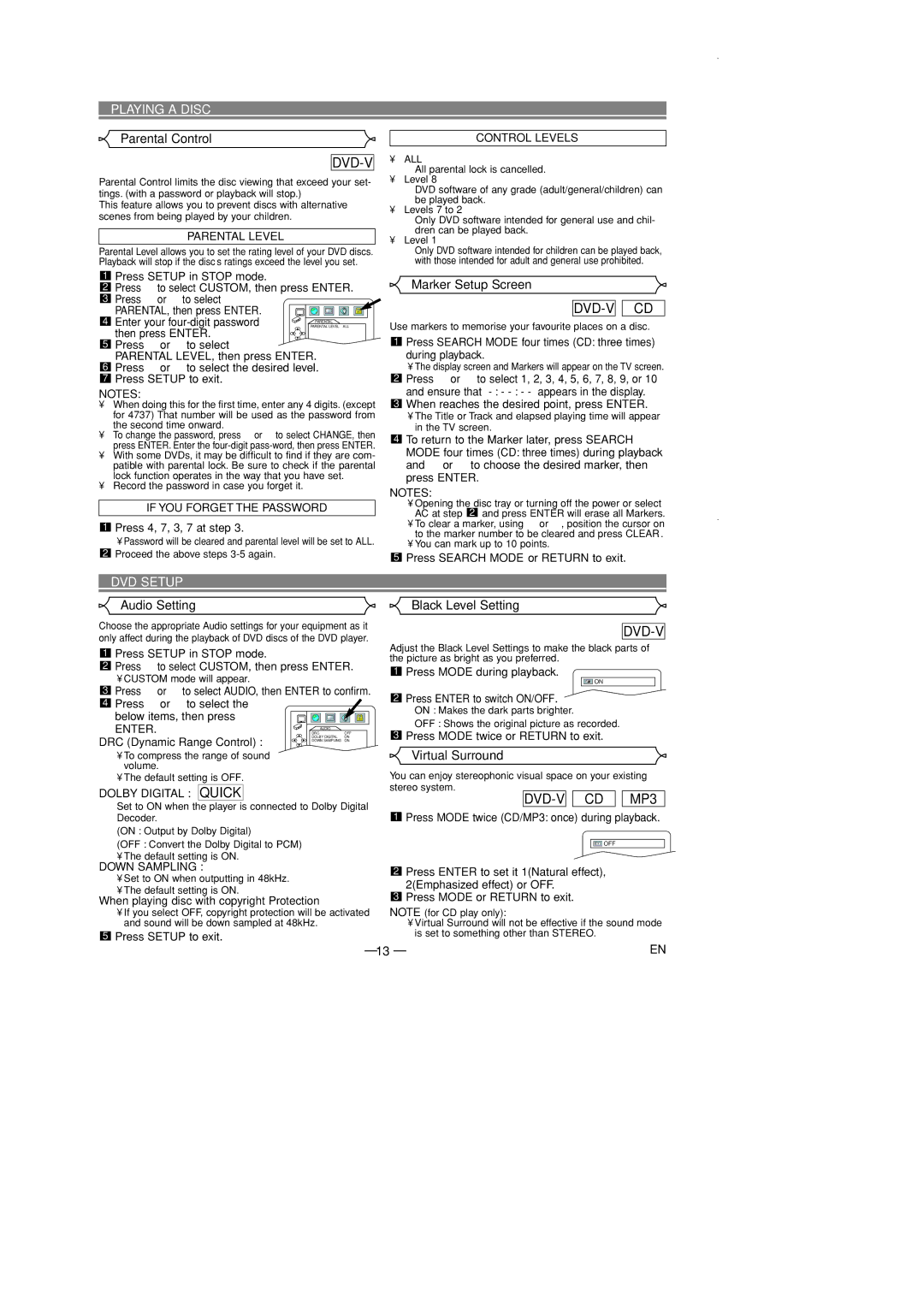 Sylvania DVL700D Parental Control, Marker Setup Screen, DVD Setup, Audio Setting Black Level Setting, Virtual Surround 