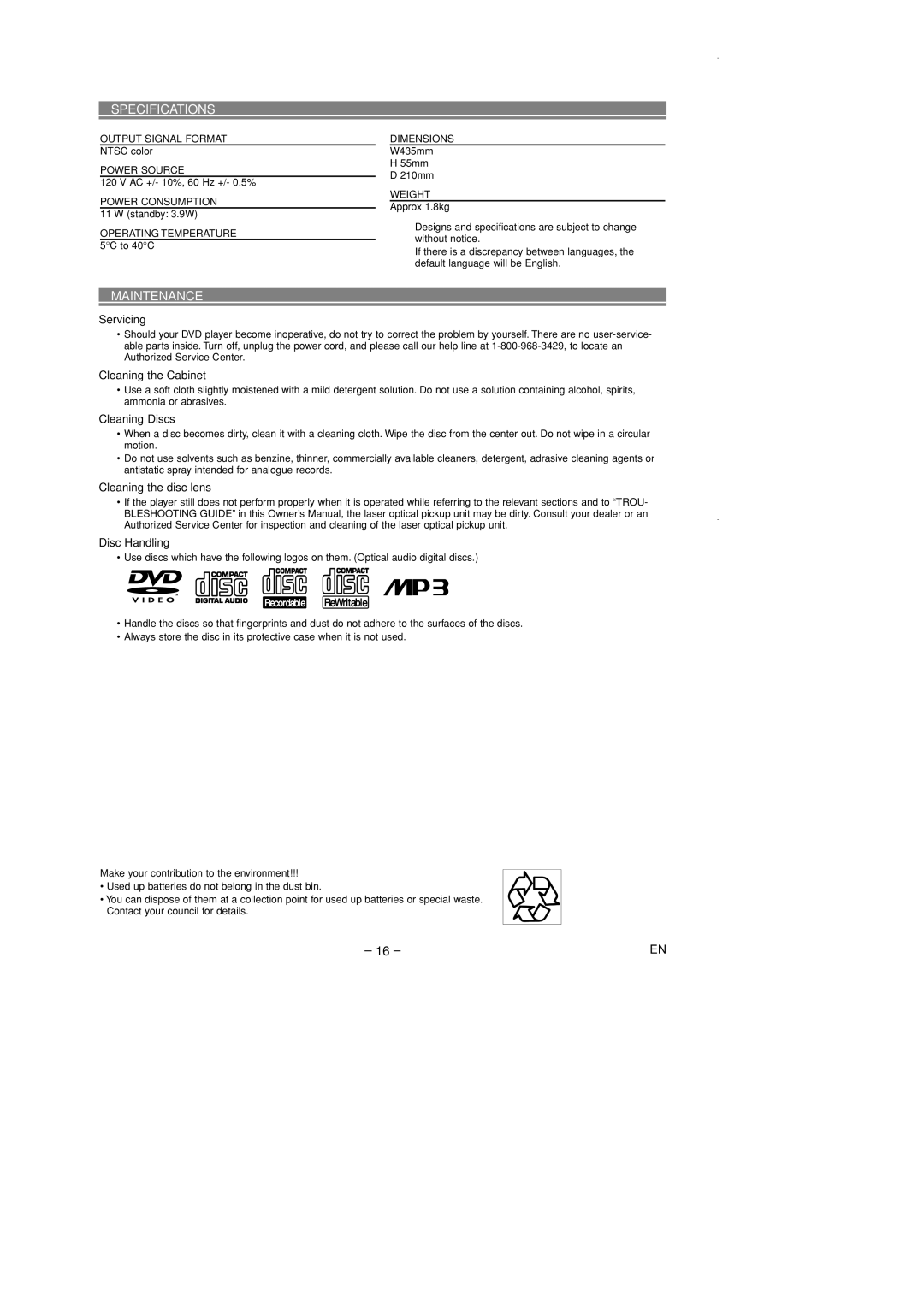 Sylvania DVL700D owner manual Specifications, Maintenance 