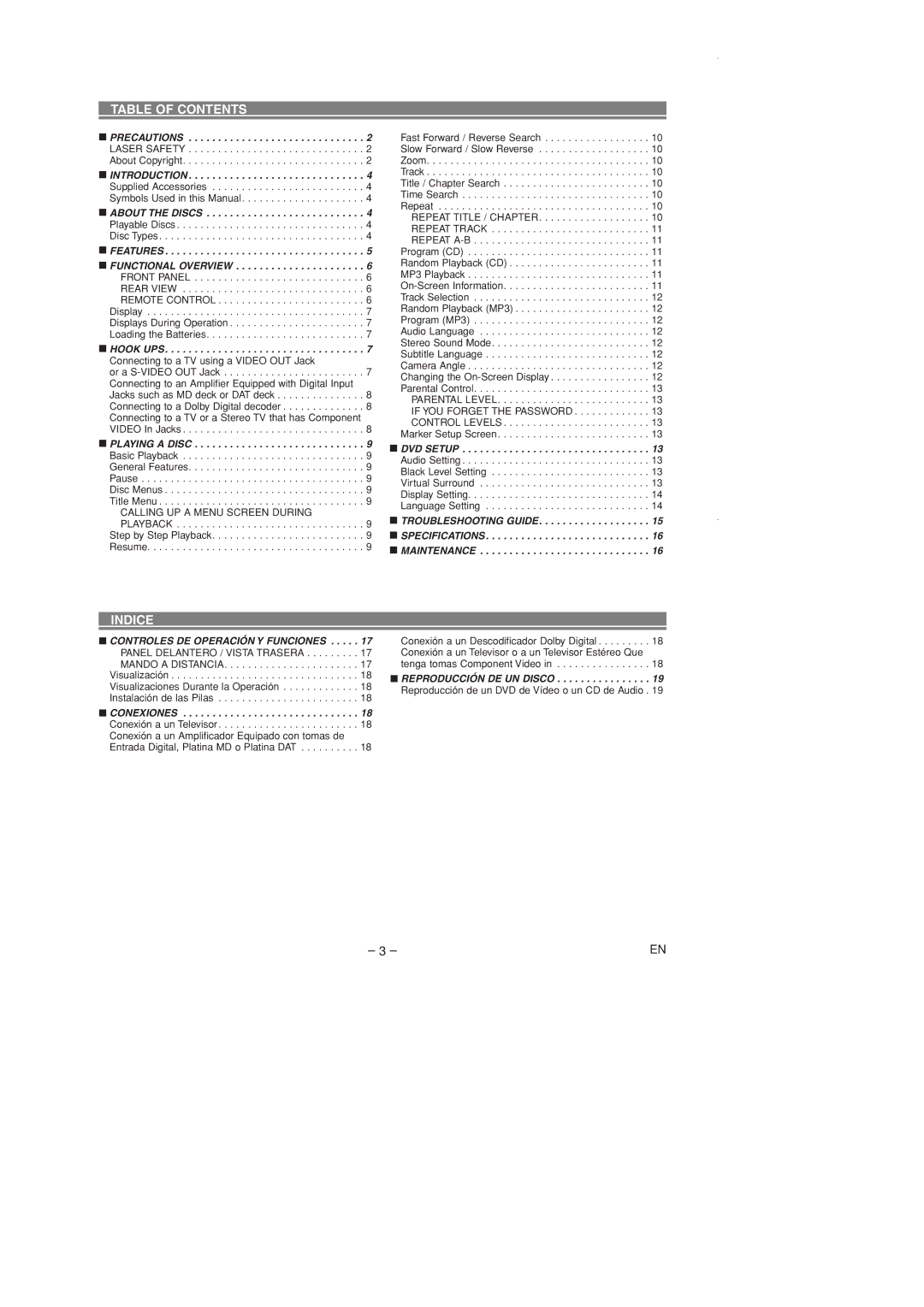 Sylvania DVL700D owner manual Table of Contents, Indice 