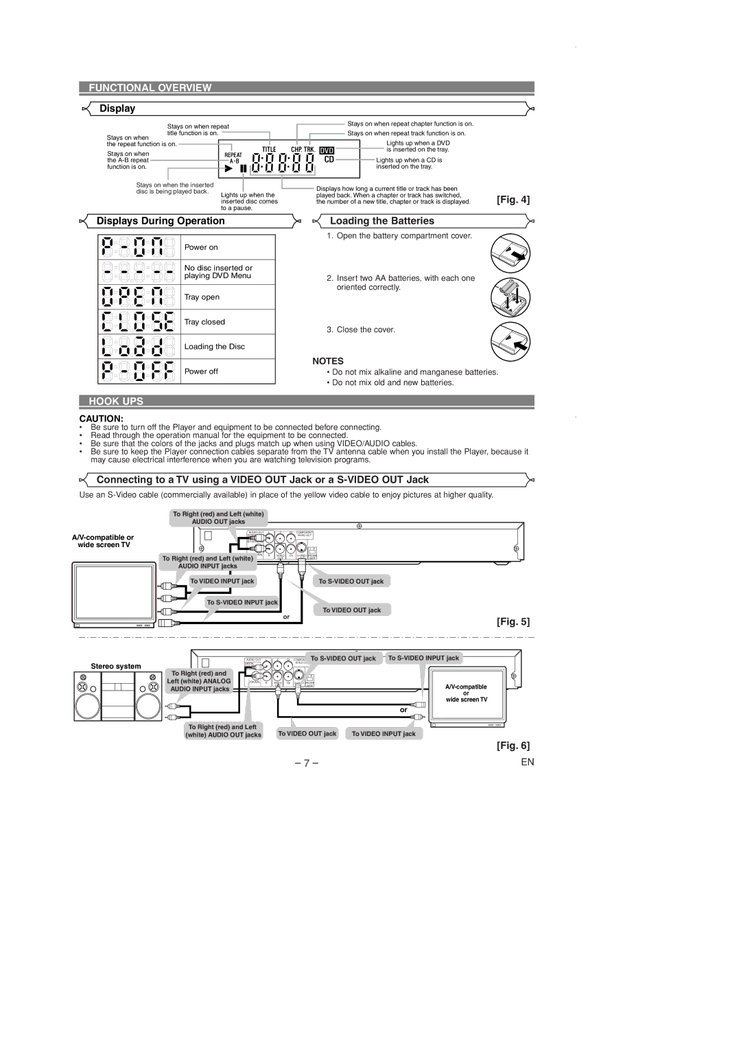 Sylvania DVL700D owner manual Displays During Operation, Loading the Batteries, Hook UPS 