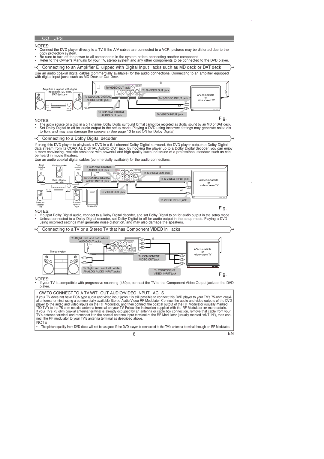 Sylvania DVL700D owner manual Connecting to a Dolby Digital decoder, HOW to Connect to a TV Without AUDIO/VIDEO Input Jacks 