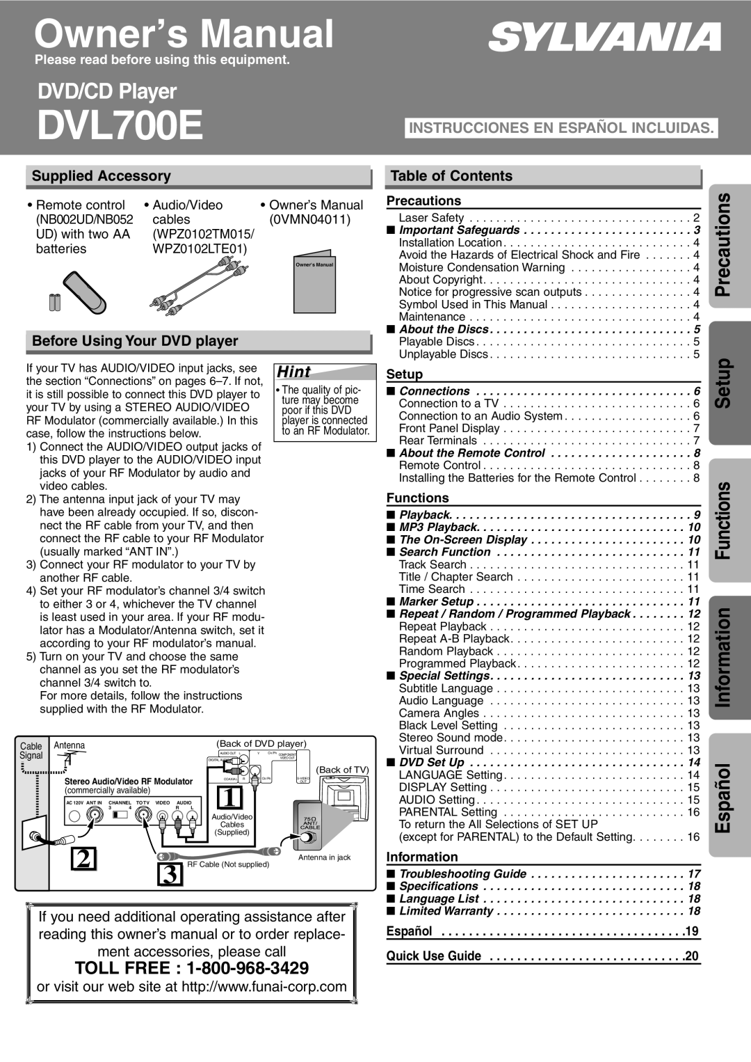 Sylvania DVL700E owner manual Hint, Supplied Accessory, Table of Contents, Before Using Your DVD player 