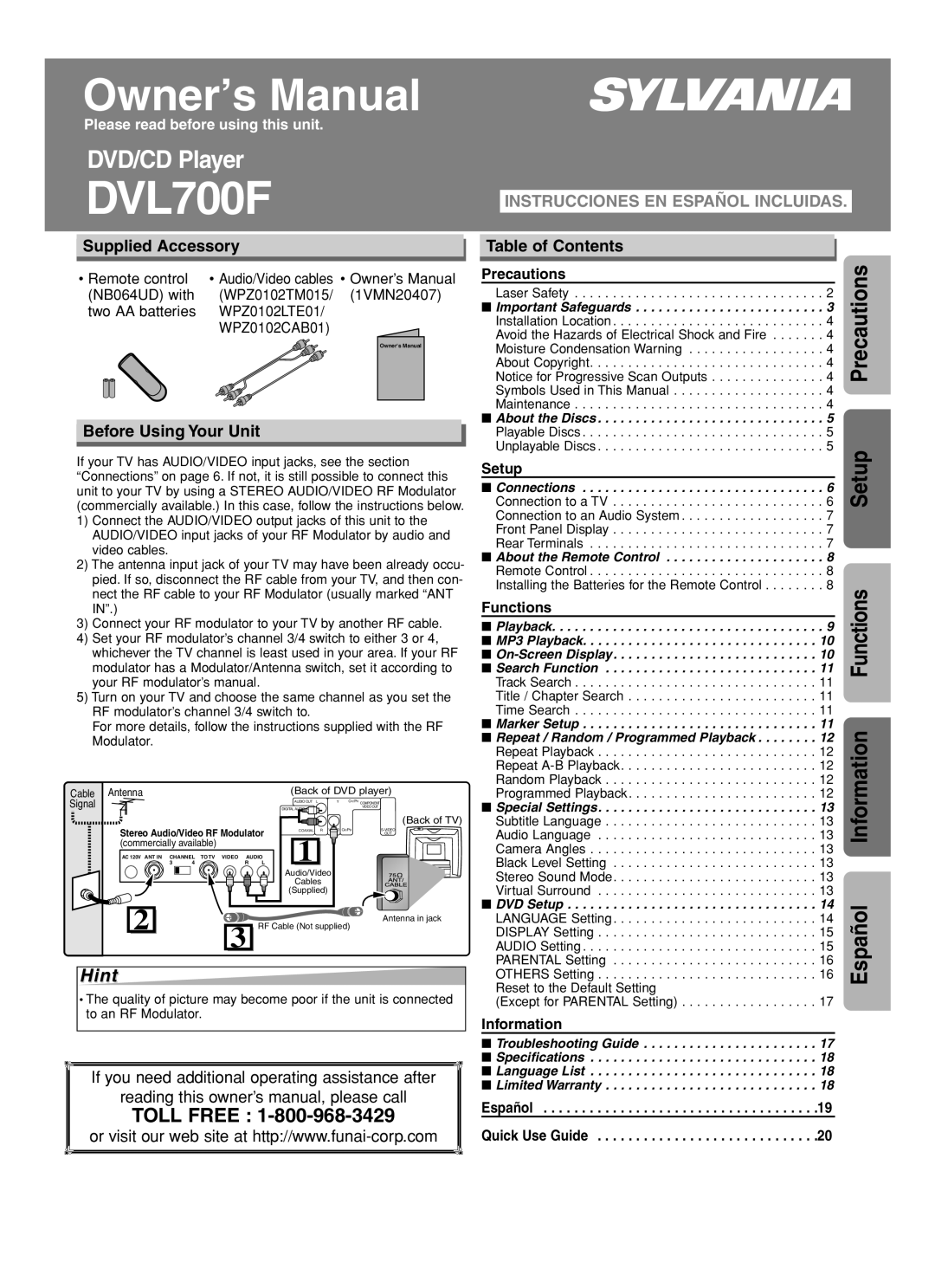 Sylvania DVL700F owner manual Hint, Supplied Accessory, Table of Contents, Before Using Your Unit 