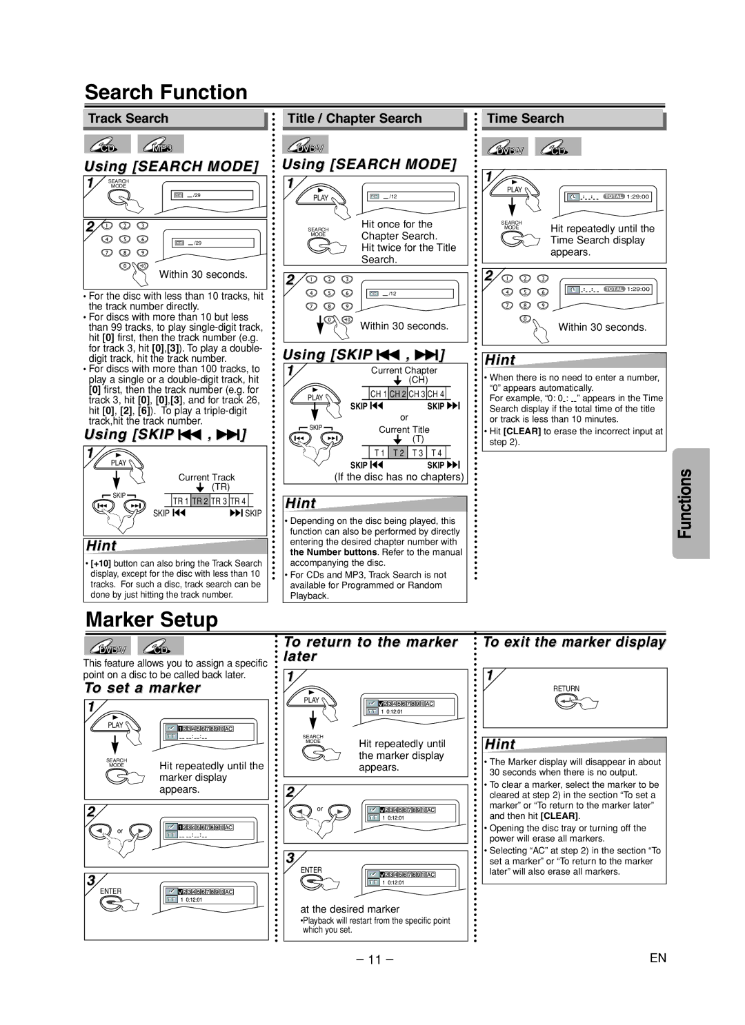 Sylvania DVL700F owner manual Search Function, Marker Setup 