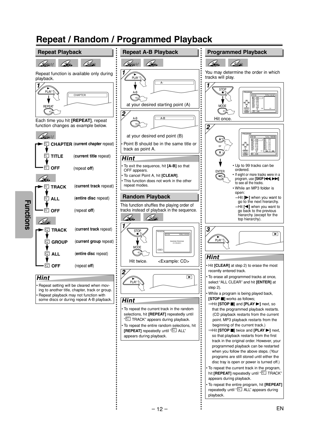 Sylvania DVL700F Repeat / Random / Programmed Playback, Repeat Playback Repeat A-B Playback, Random Playback, Repeat off 