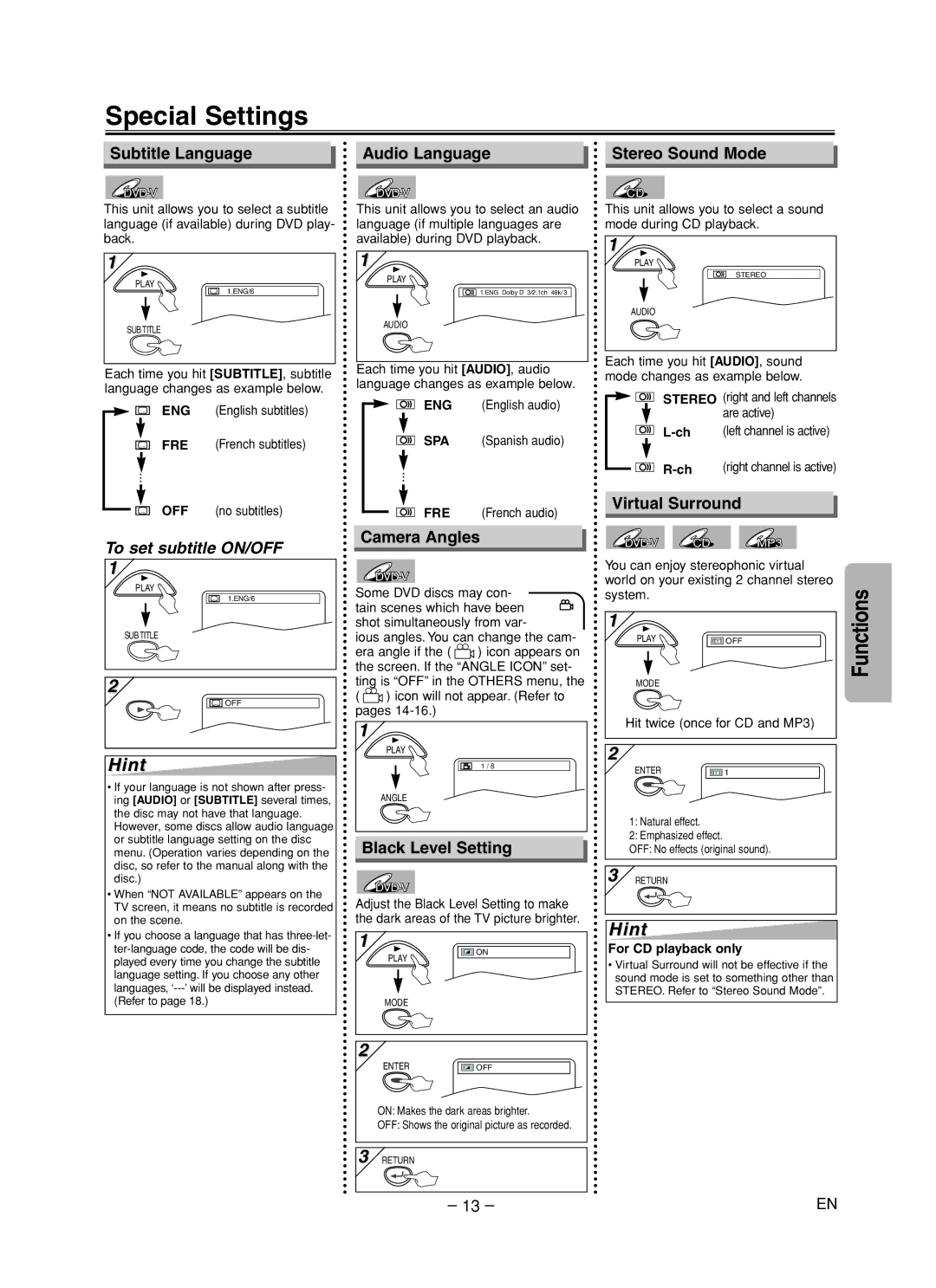 Sylvania DVL700F owner manual Special Settings, Subtitle Language, Stereo Sound Mode, Camera Angles, Black Level Setting 