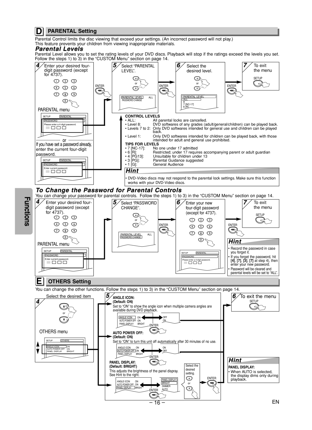 Sylvania DVL700F Parental Levels, To Change the Password for Parental Controls, Parental Setting, Others Setting 