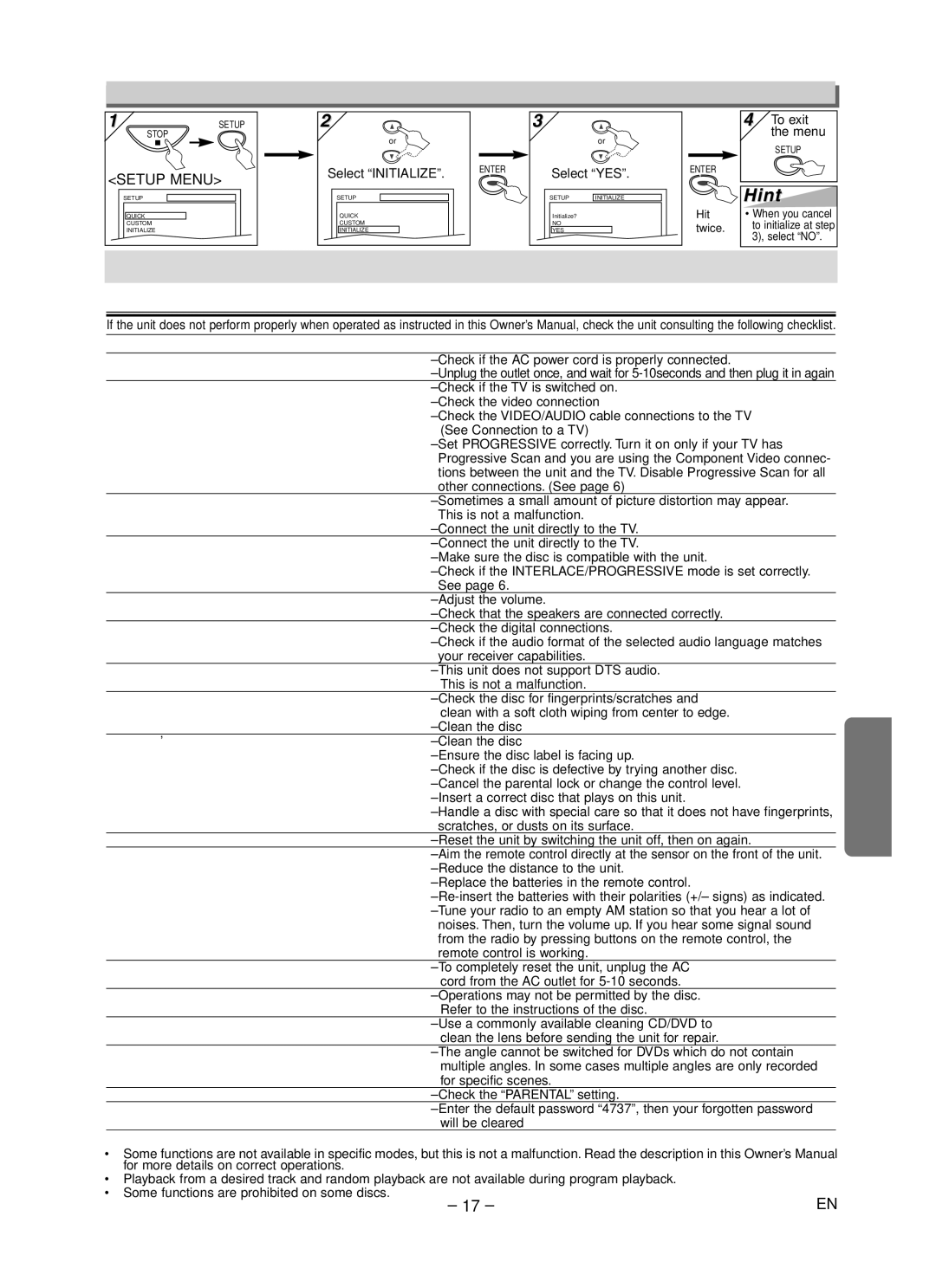 Sylvania DVL700F owner manual Information Troubleshooting Guide, Reset to the Default Setting Except for Parental Setting 