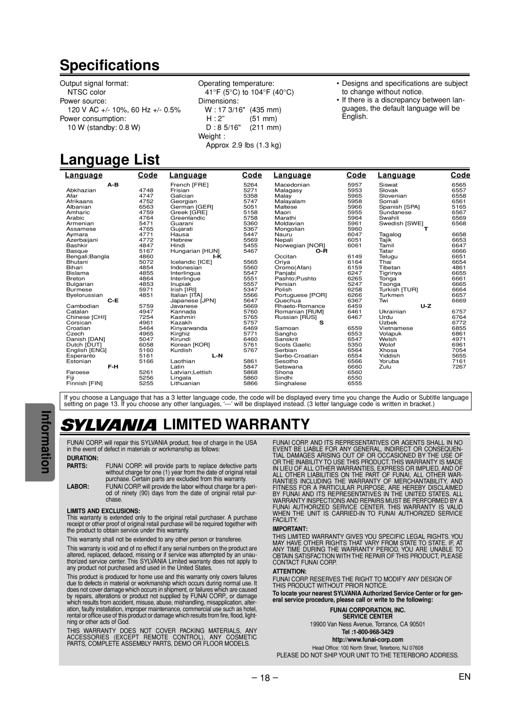 Sylvania DVL700F owner manual Specifications, Language List, Language Code 