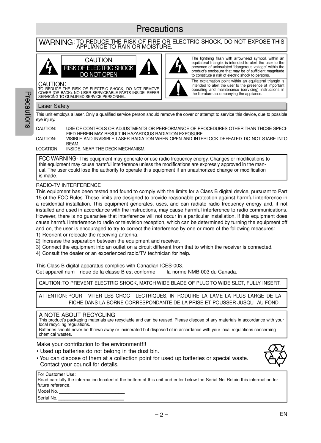 Sylvania DVL700F owner manual Precautions, Laser Safety, Make your contribution to the environment, RADIO-TV Interference 