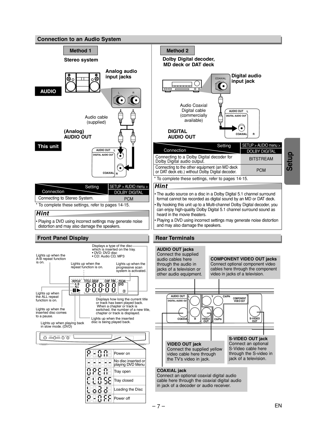 Sylvania DVL700F owner manual Connection to an Audio System, Front Panel Display, Rear Terminals, Audio OUT 