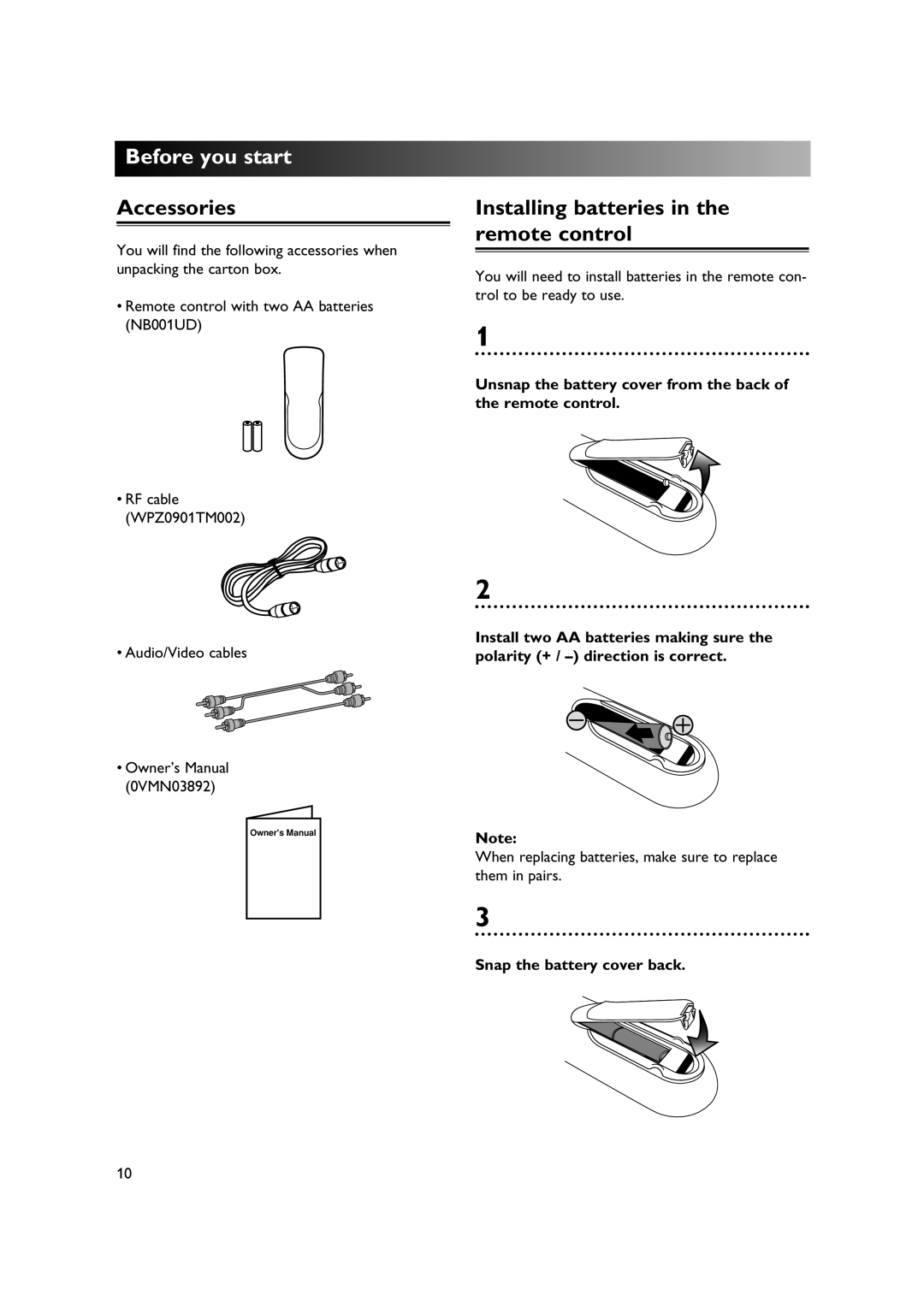 Sylvania DVR90DE Accessories, Installing batteries in the remote control, Audio/Video cables, Snap the battery cover back 