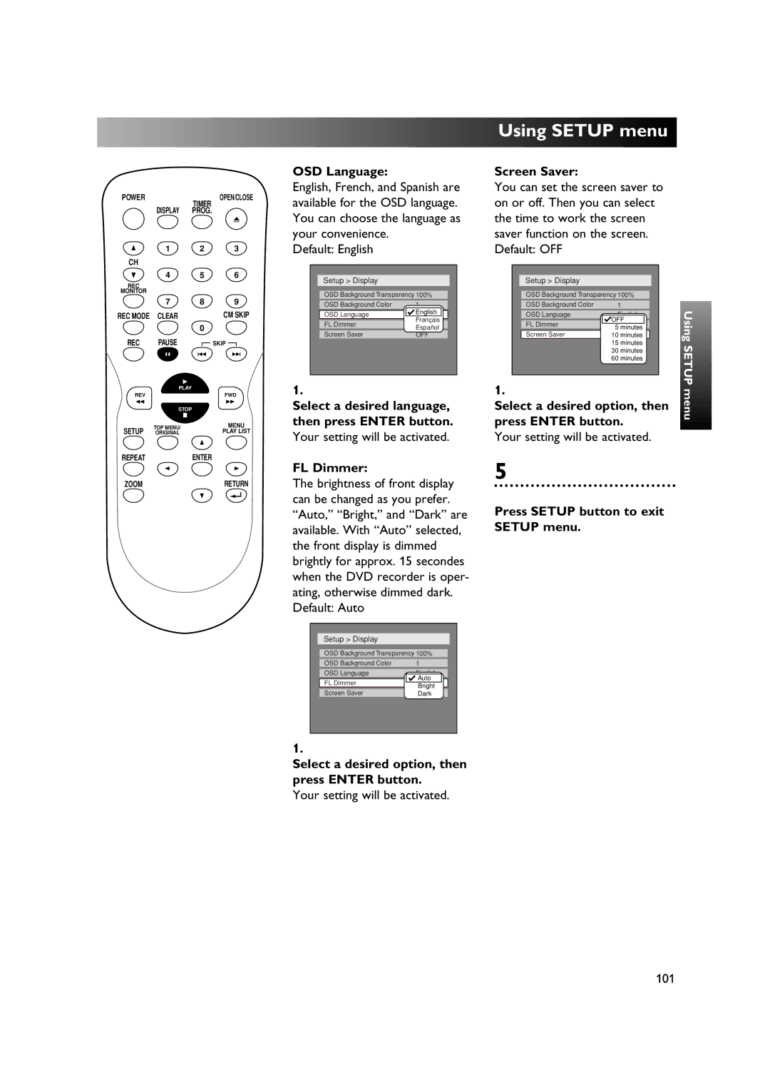 Sylvania DVR90DE owner manual OSD Language, Screen Saver, FL Dimmer, Select a desired option, then press Enter button 