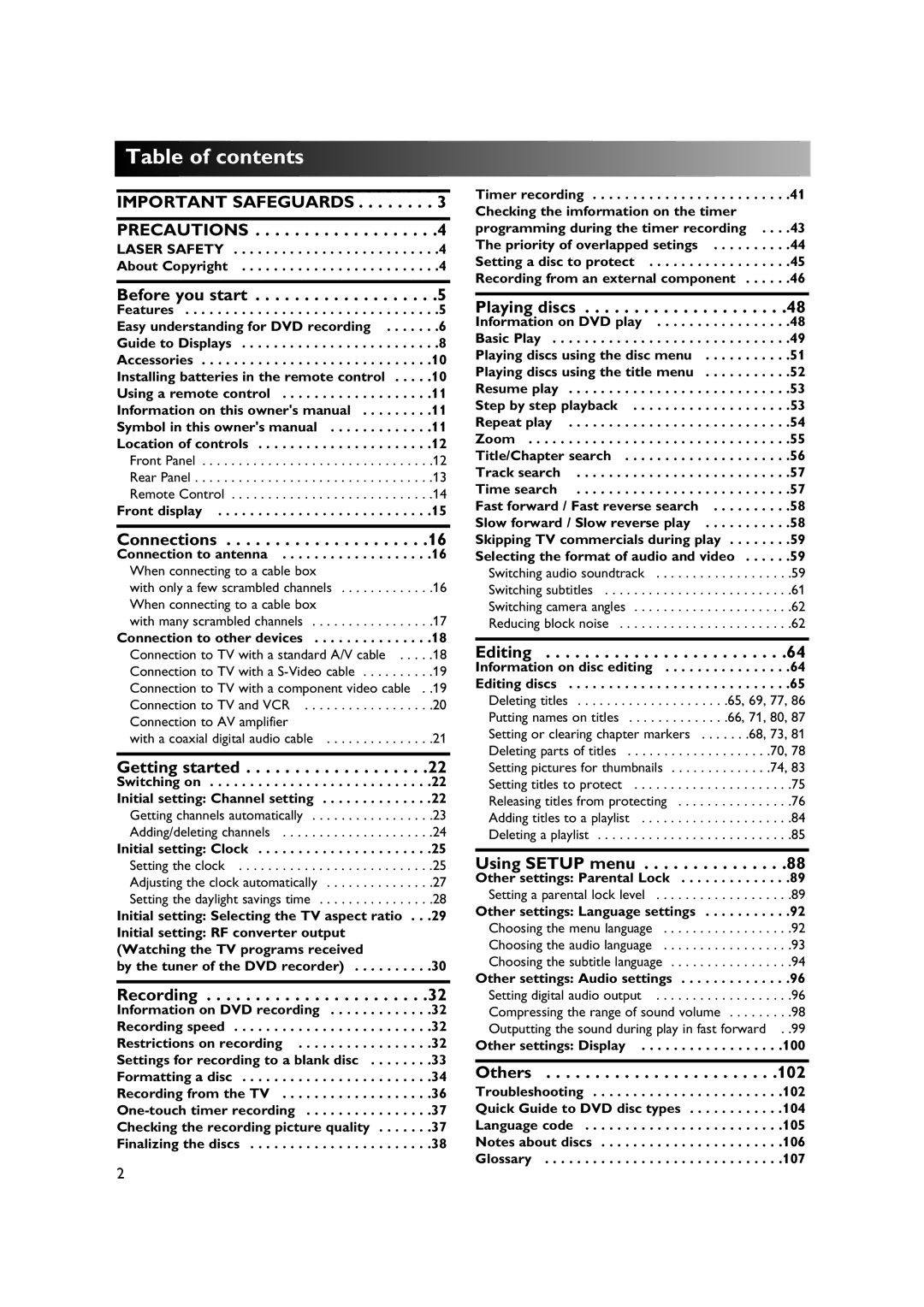 Sylvania DVR90DE owner manual Table of contents 