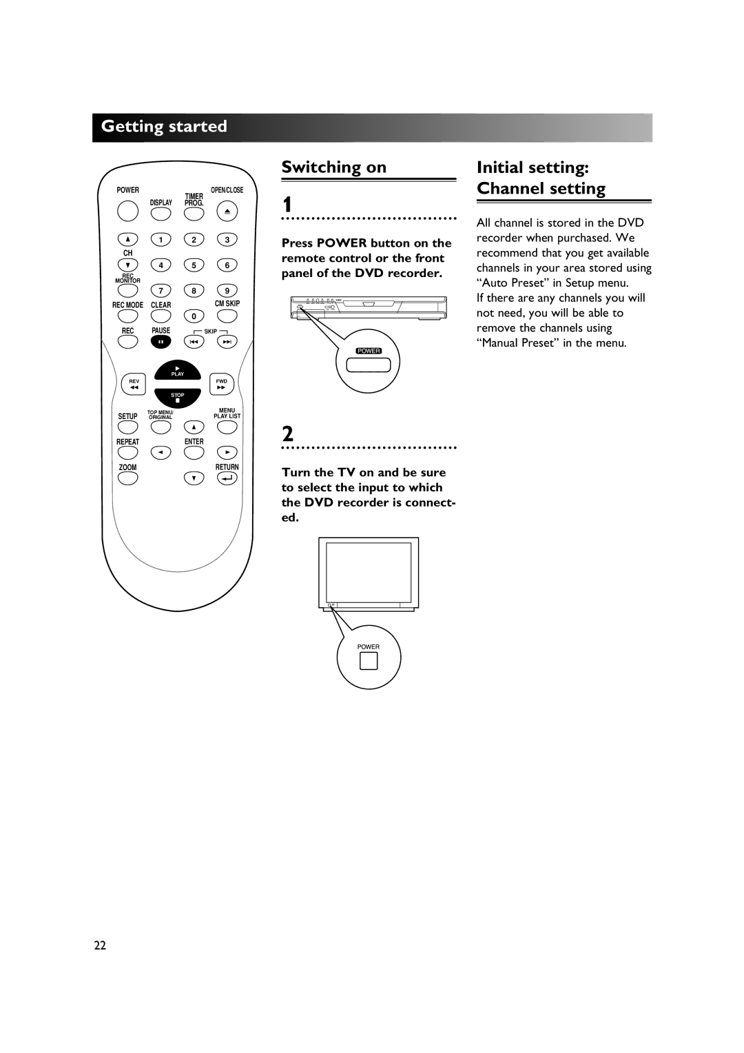 Sylvania DVR90DE owner manual Getting started, Switching on Initial setting, Channel setting 