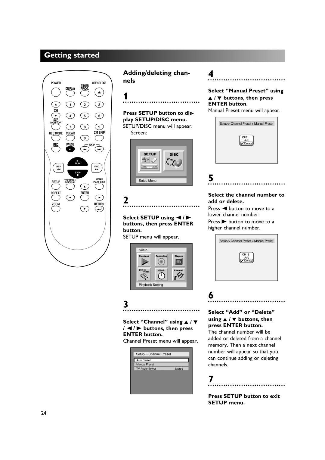 Sylvania DVR90DE owner manual Adding/deleting chan- nels, Select Manual Preset using Buttons, then press Enter button 