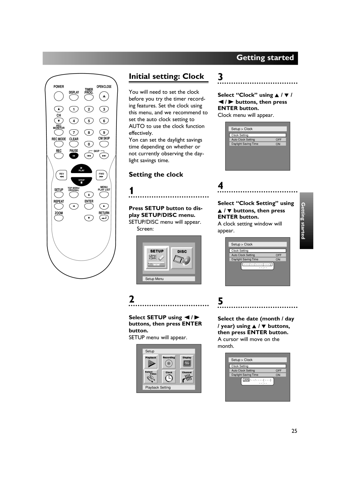 Sylvania DVR90DE owner manual Initial setting Clock, Setting the clock, Play SETUP/DISC menu Select Clock Setting using 