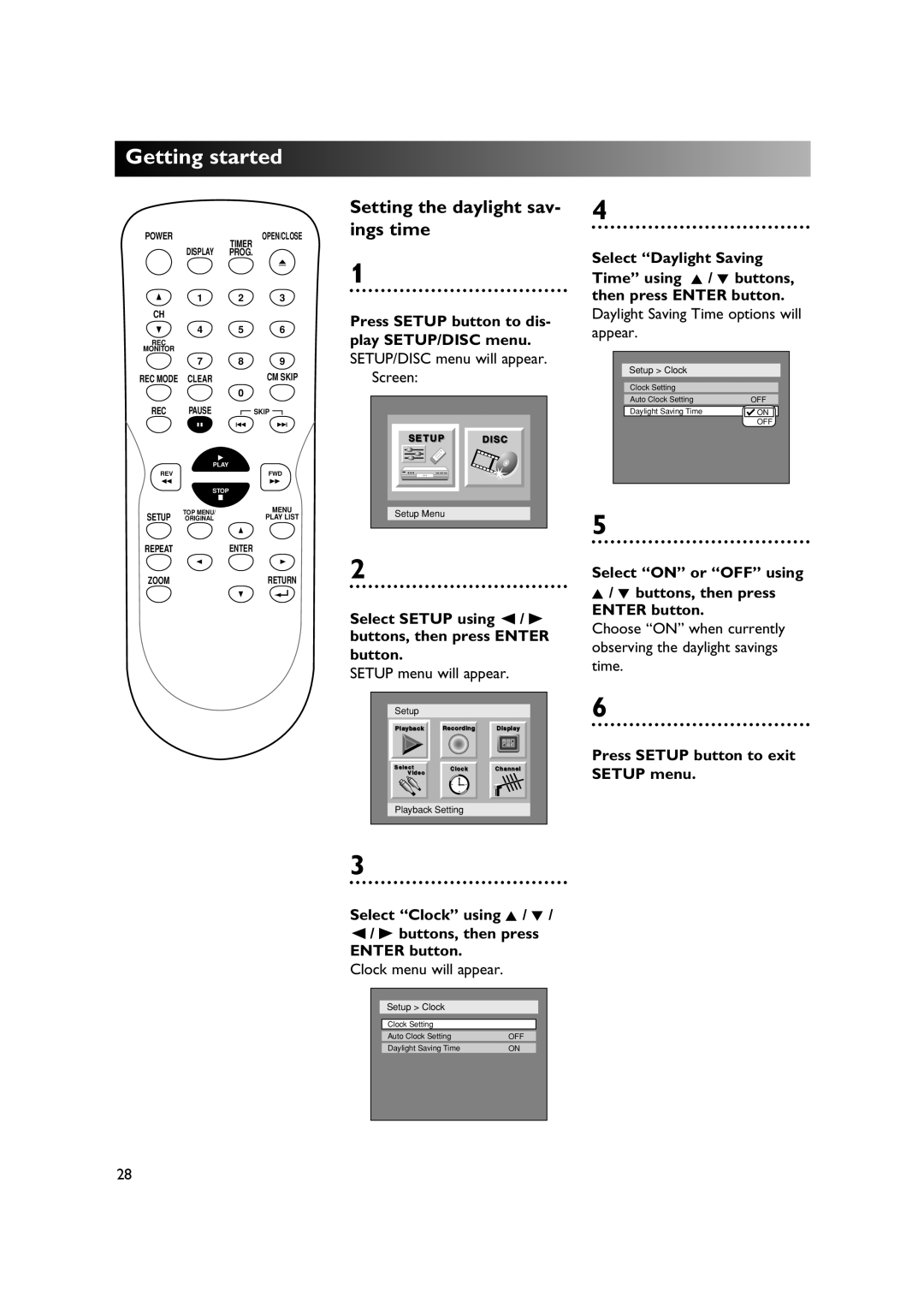 Sylvania DVR90DE owner manual Setting the daylight sav- ings time, Daylight Saving Time options will appear 