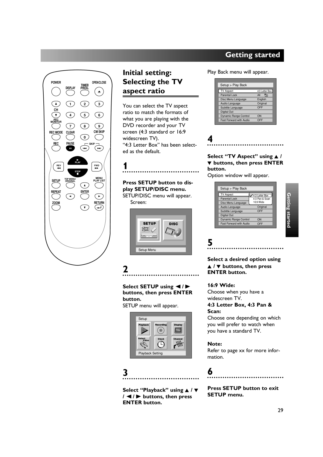 Sylvania DVR90DE Initial setting Selecting the TV aspect ratio, Select TV Aspect using K Buttons, then press Enter button 