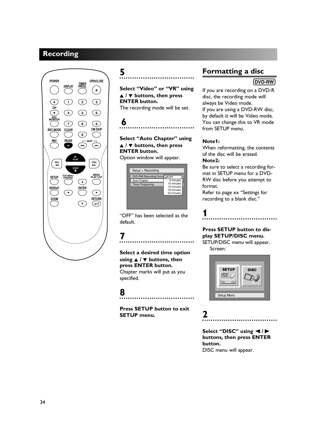 Sylvania DVR90DE Formatting a disc, Select Video or VR using Buttons, then press Enter button, Select Auto Chapter using 