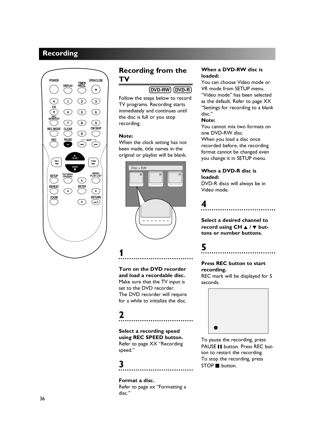 Sylvania DVR90DE owner manual Recording from, When a DVD-RW disc is loaded, When a DVD-R disc is loaded, Format a disc 