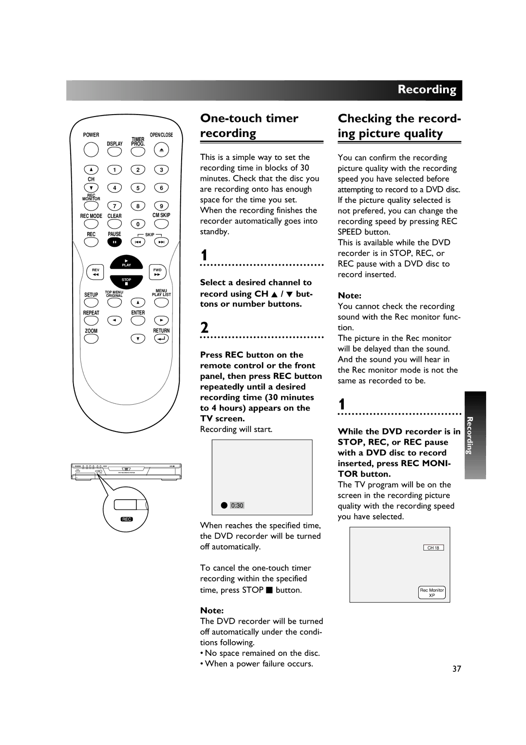 Sylvania DVR90DE One-touch timer, Recording Ing picture quality, Recording will start, While the DVD recorder is 