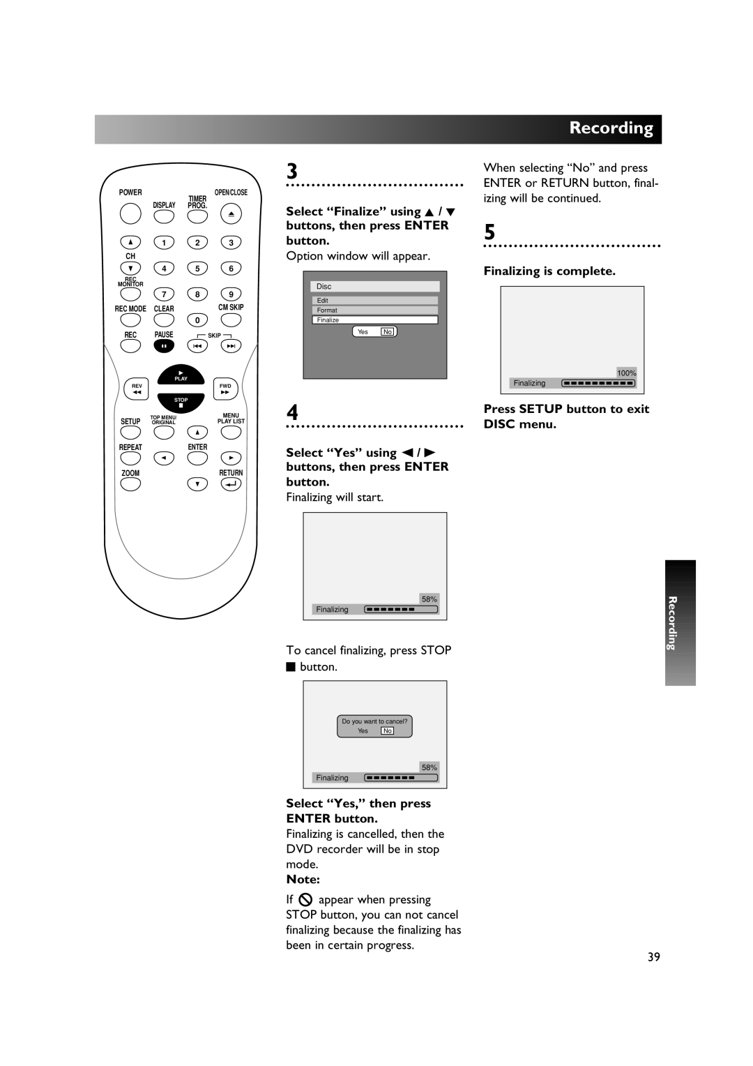 Sylvania DVR90DE owner manual Finalizing is complete, Disc menu, Select Yes using / B buttons, then press Enter button 