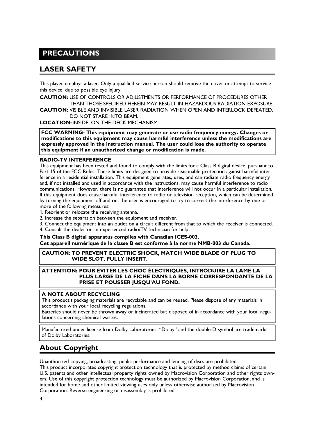 Sylvania DVR90DE owner manual Precautions, About Copyright 