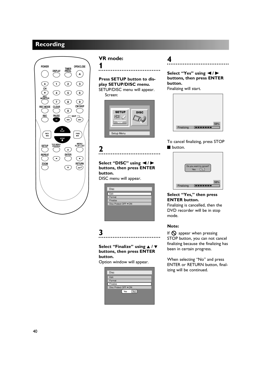 Sylvania DVR90DE owner manual VR mode, Select Yes using / B 