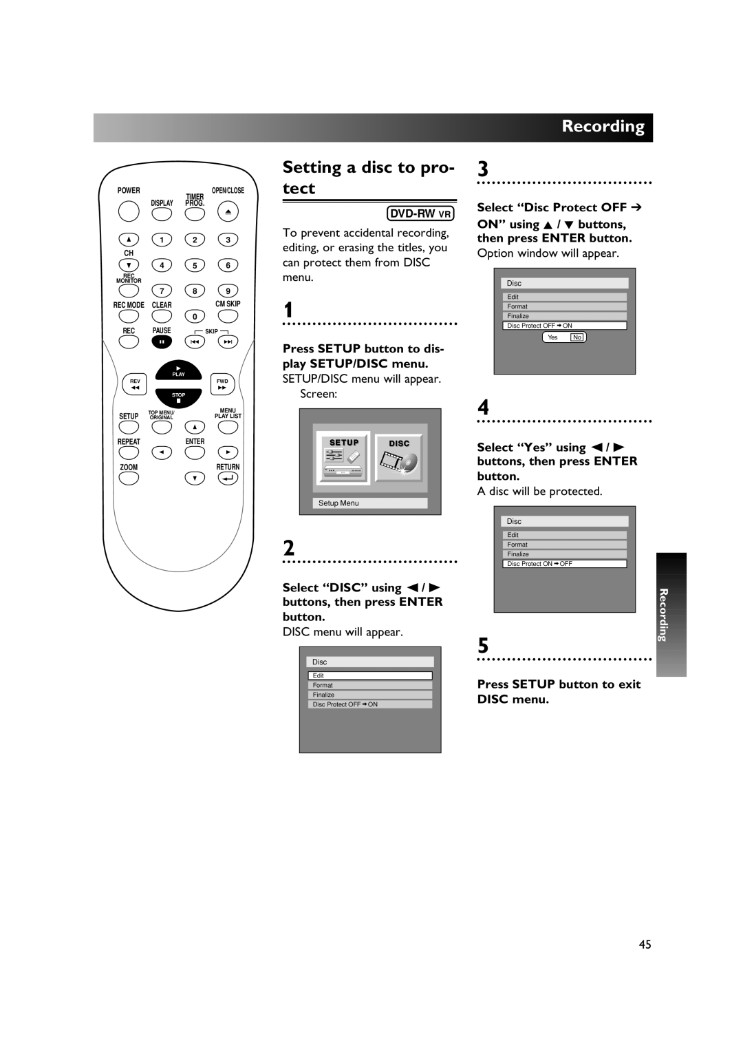 Sylvania DVR90DE owner manual Setting a disc to pro- tect, Disc will be protected 