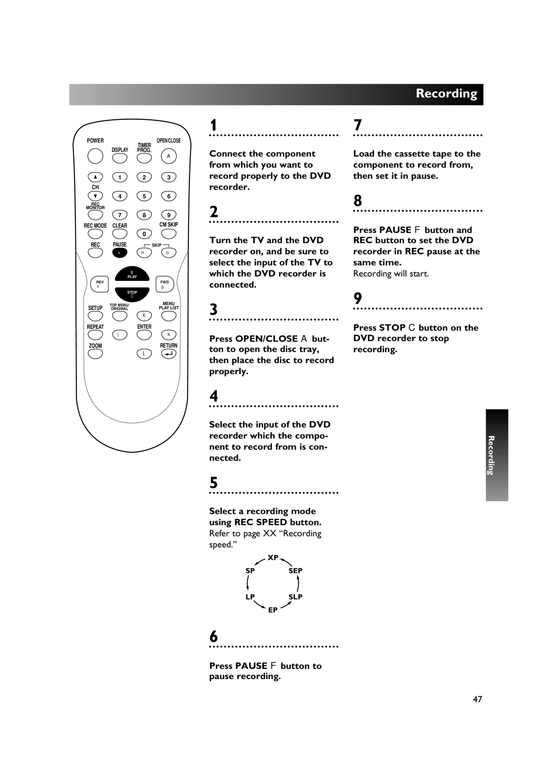 Sylvania DVR90DE Press Pause F button, Press Stop C button on, Select the input of the DVD Recorder which the compo 